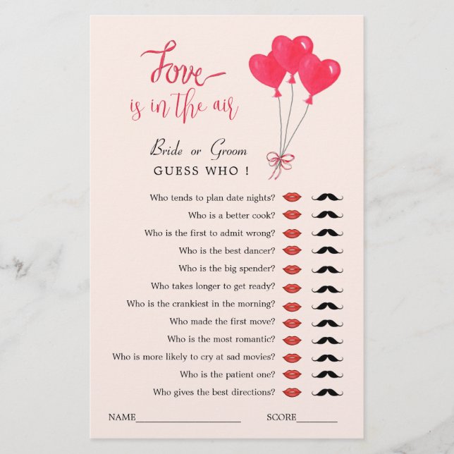 Love is in the Air Guess Who Shower game  (Front)