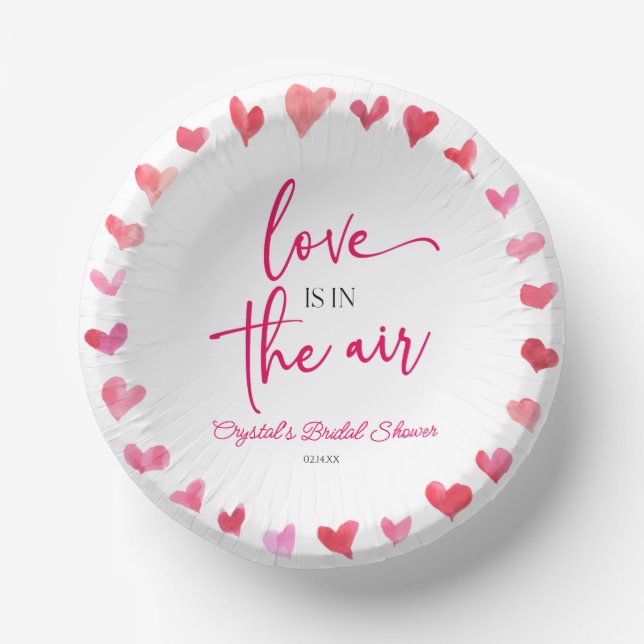 Love Is In The Air Red Pink Hearts Bridal Shower Paper Plate (Front)