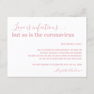Love is Infectious Blush Pink Wedding Postponement Announcement Postcard