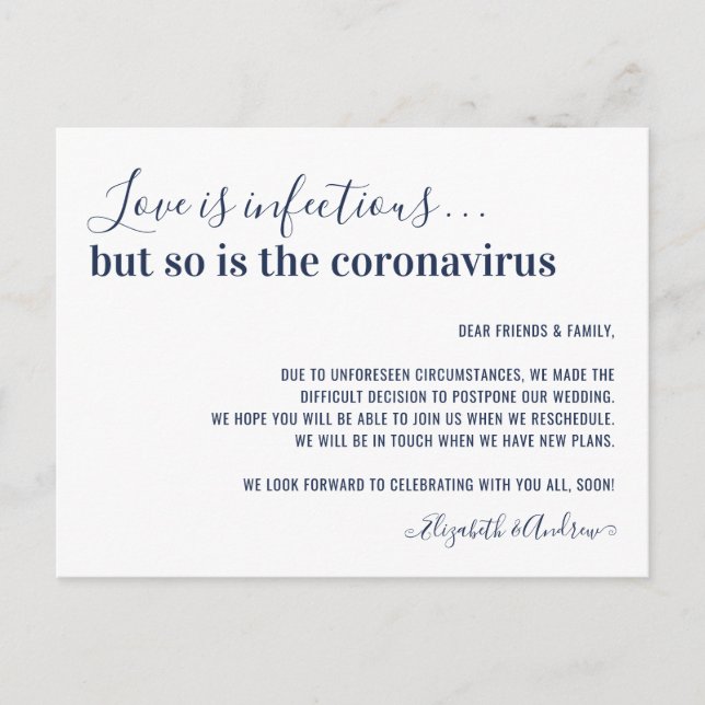 Love is Infectious Navy Blue Wedding Postponement Announcement Postcard (Front)