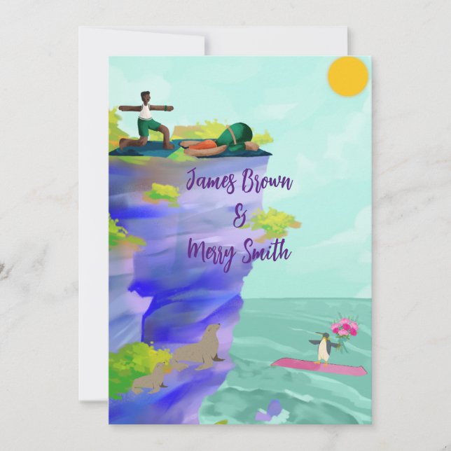 Love is Journey Sunrise Penguin Sea Lion wedding Invitation (Front)
