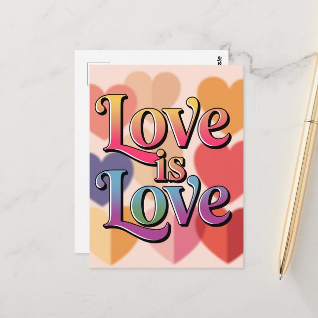 Love is Love Colourful Hearts Typography Postcard (Front/Back In Situ)