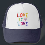 LOVE IS LOVE Colourful Rainbow Pride  Trucker Hat<br><div class="desc">Check out my shop for more pronouns, silly jokes, hiking, camping, vanlife, birds and lots more! You can also find this design on shirts, stickers, mugs, and buttons. Be sure to visit my shop for more designs too. Or if you'd like something custom please let me know. If you buy...</div>
