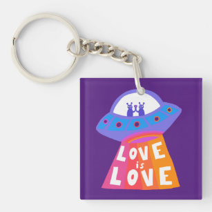 LOVE IS LOVE Colourful Rainbow Pride UFO Aliens  Keychain