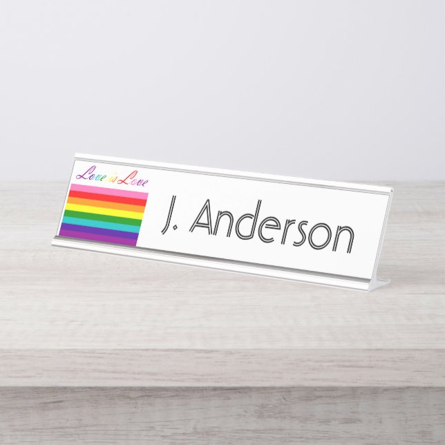 Love is Love LGBT Equality Gay Pride Rainbow Flag Desk Name Plate (Front)