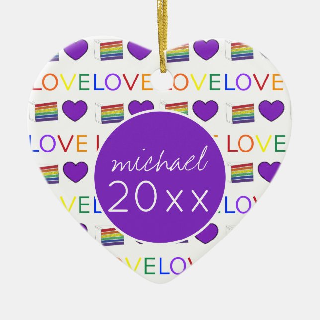 Love is Love LGBT Gay Pride Rainbow Cake Heart Ceramic Ornament (Front)