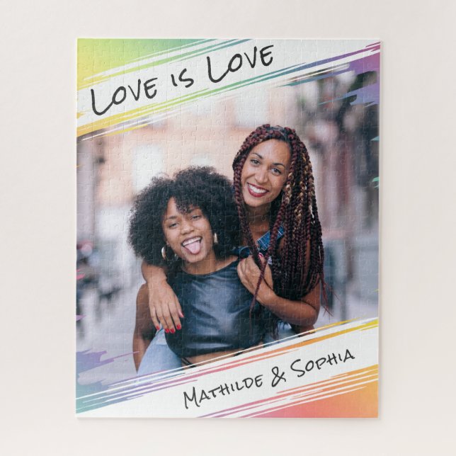 Love is Love Modern Rainbow Add Your Photo & Names Jigsaw Puzzle (Vertical)