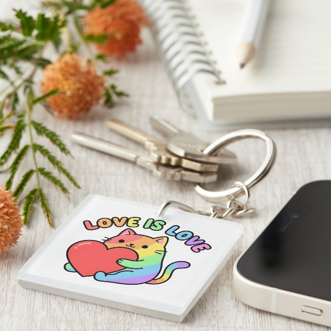 Love Is Love Rainbow Cat Gift, Cute Pride  Keychain (Front Right)