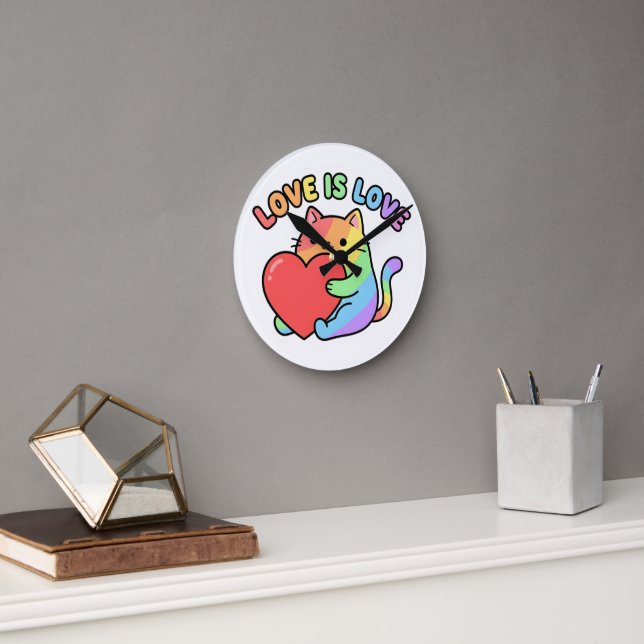 Love Is Love Rainbow Cat Gift, Cute Pride  Round Clock (Office)