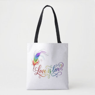 Love is Love Rainbow Feather Elegant Script Tote B Bag