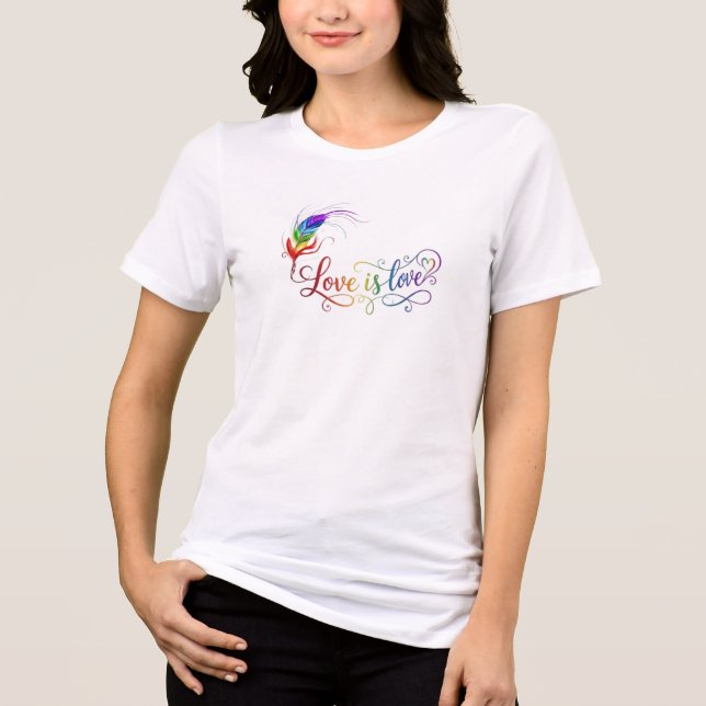Love is Love Rainbow Feather Elegant Script Tri-Blend Shirt (Front)