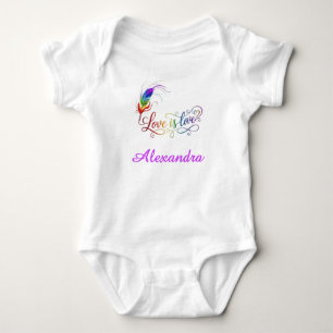 Love is Love Rainbow Feather Personalized Girl Bab Baby Bodysuit