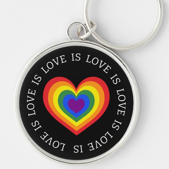 Love is Love Rainbow Heart LGBTQ Pride Black Keychain (Front)
