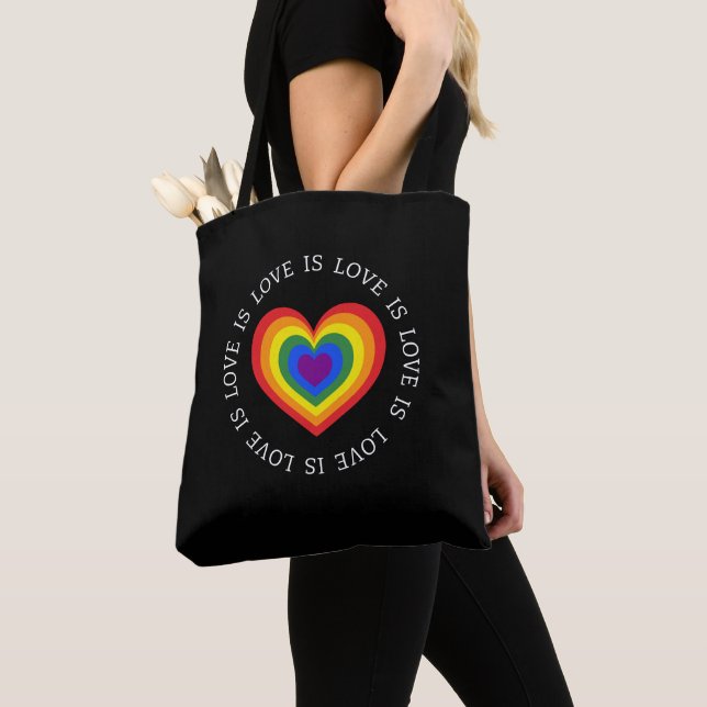 Love is Love Rainbow Heart LGBTQ Pride Black Tote Bag (Close Up)