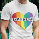 Love is Love rainbow heart LGBTQ pride T-Shirt<br><div class="desc">A colourful t-shirt featuring a big heart with the colours of the LGBTQ rainbow flag,  with the customizable caption "Love is love" in a black all-caps font. Wear this gay pride awareness T-shirt to show the world that you are a proud LGBTQ community member.</div>