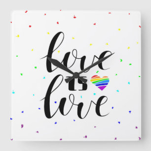 Love is Love   Rainbow Hearts Square Wall Clock