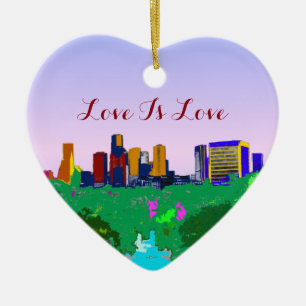 Love Is Love Rainbow Houston Skyline Gay Pride Ceramic Ornament