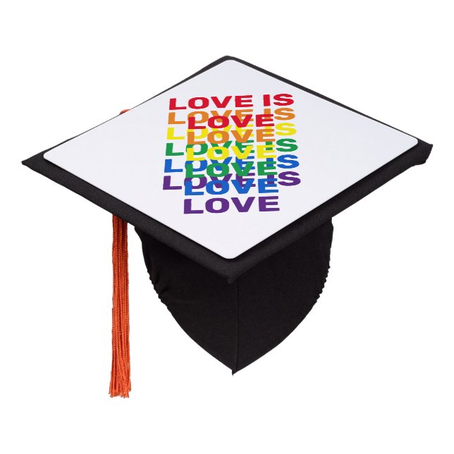 Love is love rainbow modern typography pattern graduation cap topper (Angled)