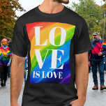 Love Is Love Rainbow Pride T-Shirt<br><div class="desc">This Pride T-shirt is decorated with LOVE IS LOVE in bold white letters on a watercolor rainbow background of red, orange, yellow, green, blue, and purple. Original Watercolor © Michele Davies.</div>