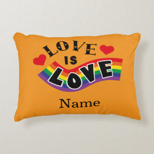 Love Is Love Rainbow Ribbon Typography with Hearts Accent Pillow