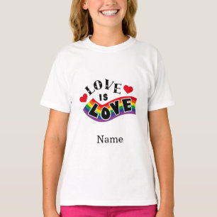 Love Is Love Rainbow Ribbon Typography with Hearts T-Shirt