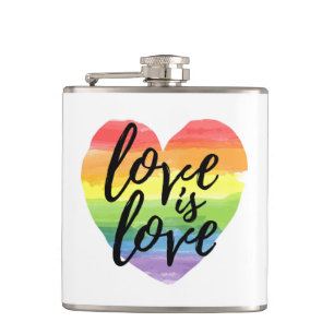 Love is Love Rainbow Watercolor Heart Hip Flask