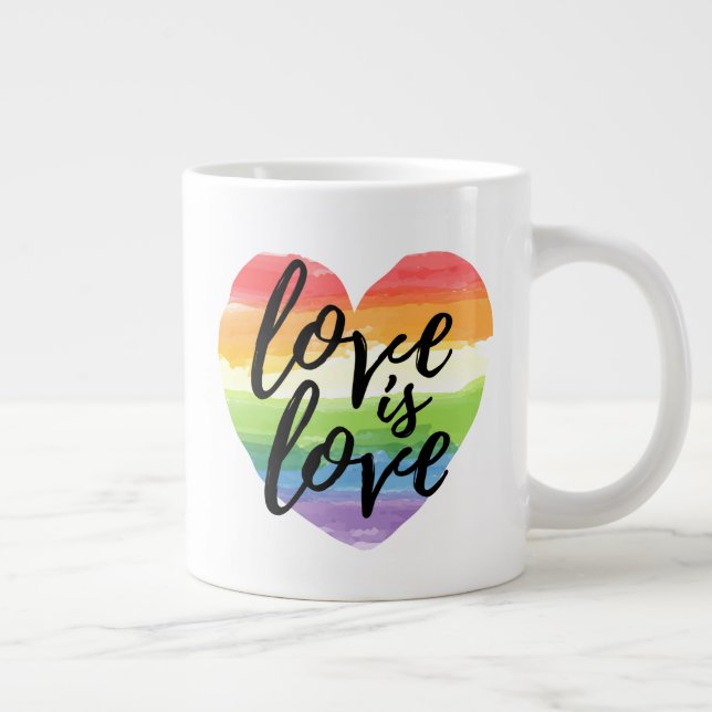 Love is Love | Rainbow Watercolor Heart Large Coffee Mug (Right)
