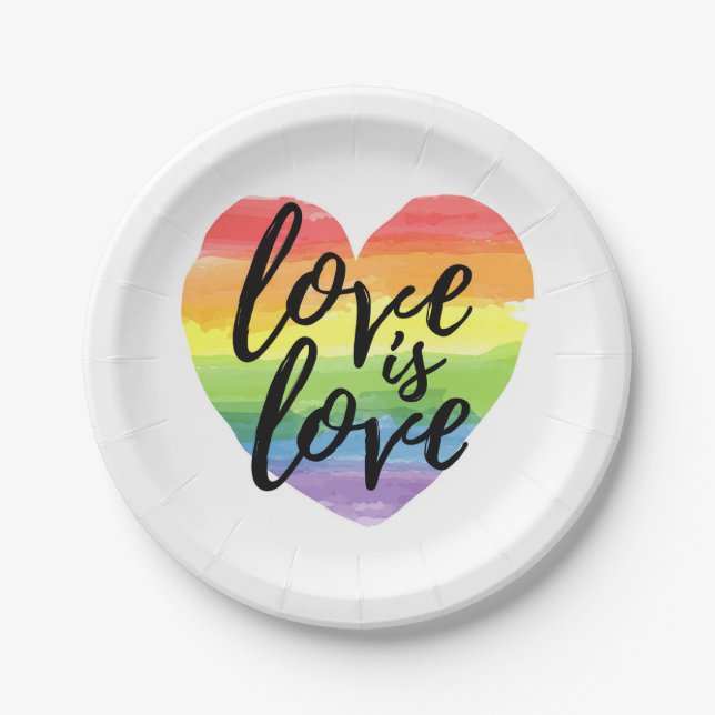Love is Love | Rainbow Watercolor Heart Paper Plate (Front)