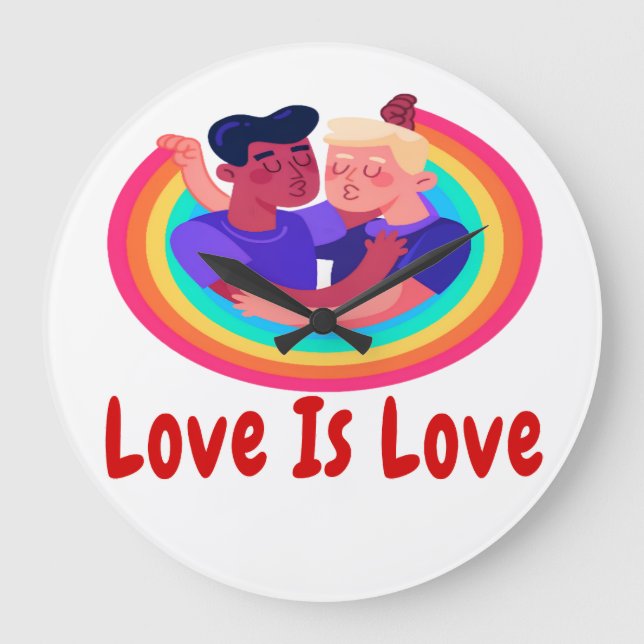 LOVE IS LOVE RED FONTS TWO MEN RAINBOW BG LARGE CLOCK (Front)