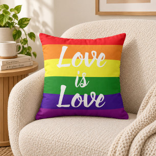 Love is Love Script Rainbow Stripe Pride Throw Pillow