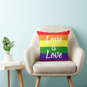 Love is Love Script Rainbow Stripe Pride Throw Pillow