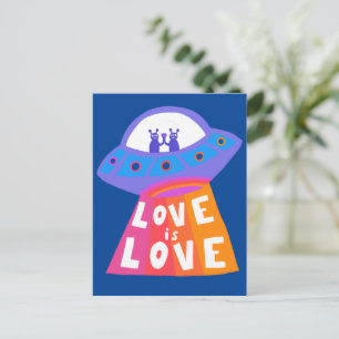 LOVE IS LOVE Spaceship Aliens Colourful Rainbow UF Postcard