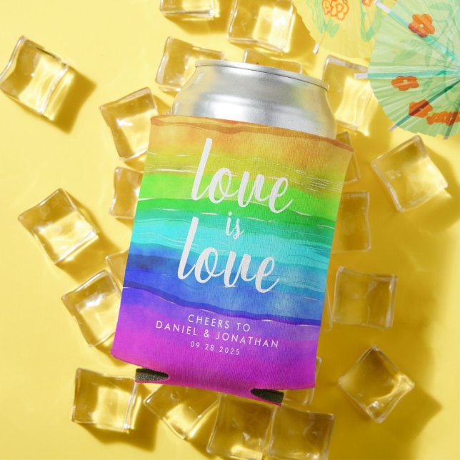 "Love is Love" Watercolor Pride Rainbow Can Cooler (In Situ Summer)