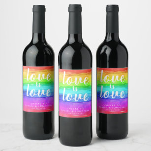 "Love is Love" Watercolor Pride Rainbow Wedding Wine Label