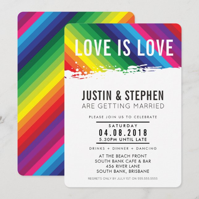 LOVE IS LOVE wedding rainbow colours brush stroke Invitation (Front/Back)