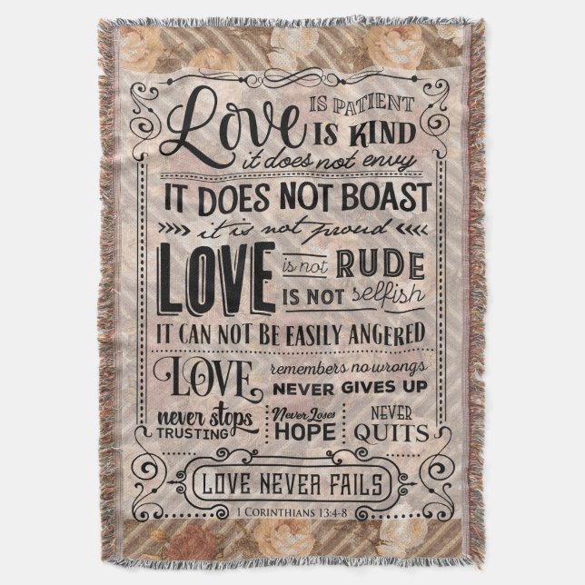 Love is Patient Bible Verse Rose Throw Blanket (Front Vertical)