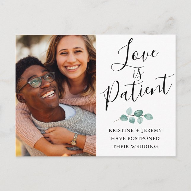 Love is Patient Black Script Photo Save Our Date Announcement Postcard (Front)