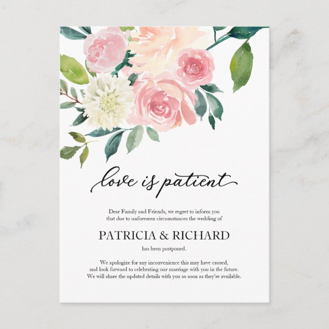 Love Is Patient Blush Floral Wedding Postponement Postcard (Front)