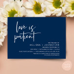 Love is patient, Change our wedding date Invitation<br><div class="desc">This is the Wedding party invitation Rescheduled (postponed) card (Love is patient),  change the date card,  in the modern minimal romantic simple clean design navy blue theme. It is the perfect way to make the event reschedule announcement (save our new date) to your friends and family.</div>