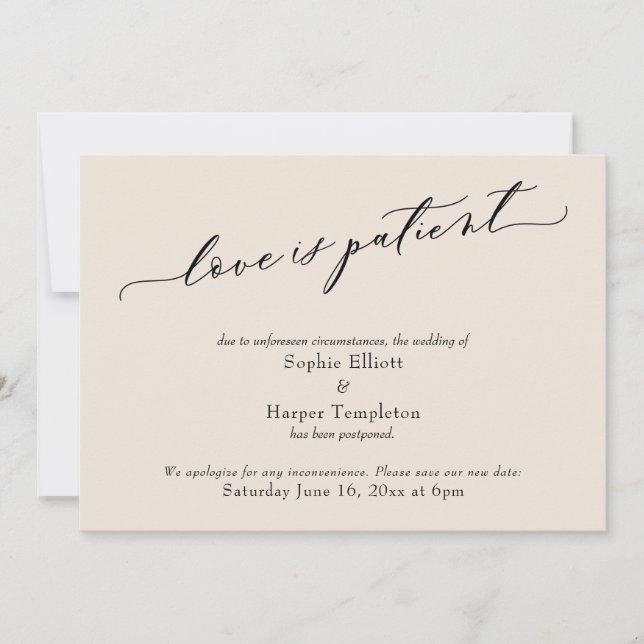 Love is Patient Cream Postponed Wedding Card (Front)