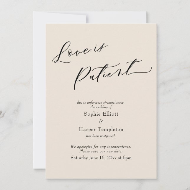 Love is Patient Cream Postponed Wedding Card (Front)