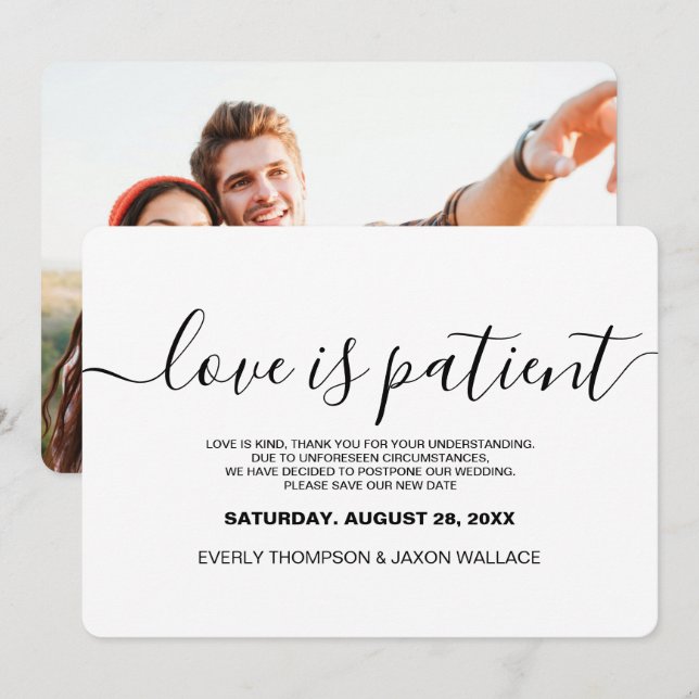 Love is Patient Custom Photo Wedding Postponed Invitation (Front/Back)