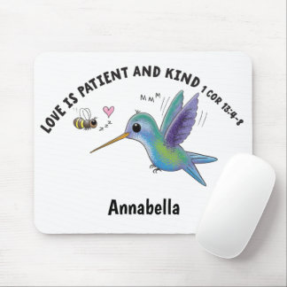 Love is patient cute bee and hummingbird scripture mouse pad