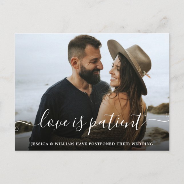 Love is Patient Elegant Postponement PHOTO Wedding Postcard (Front)