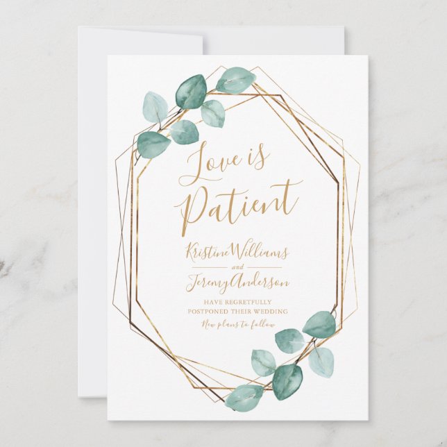 Love is Patient Eucalyptus Gold Script Photo Save The Date (Front)