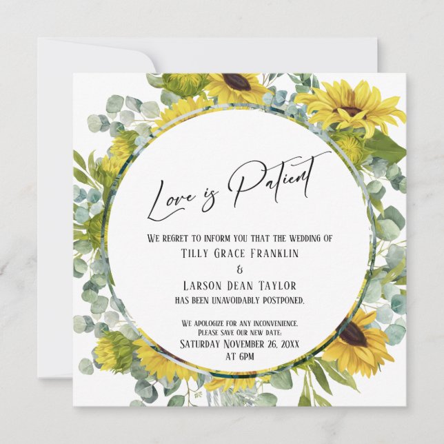 Love is Patient Floral Postponed Wedding Card (Front)