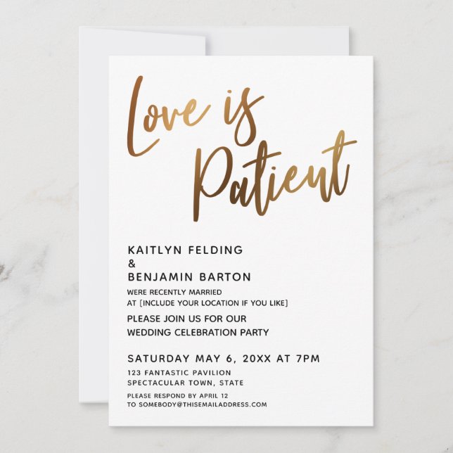 Love is Patient Gold Handwriting Simple Reception Invitation (Front)
