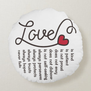 Love Is Patient Kind Typography Red Heart Round Pillow