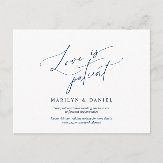 Love is Patient, Navy Blue, invitation Postponed Postcard (Front)