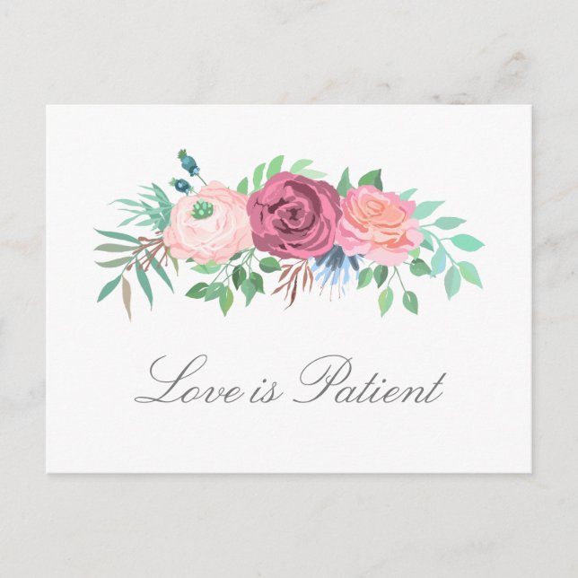 Love Is Patient Pastel Floral Wedding Postponement Announcement Postcard (Front)